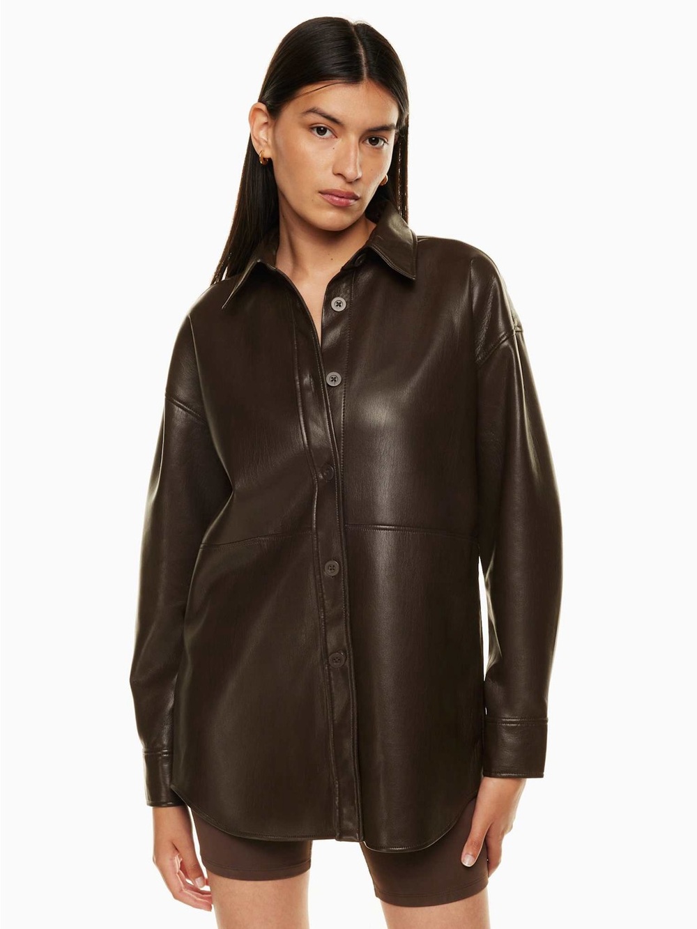 Babaton Dark Brown Leather Shirt Jacket